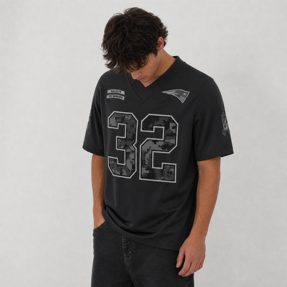 NE Black Football Jersey Henderson Number 32 Salute to Service