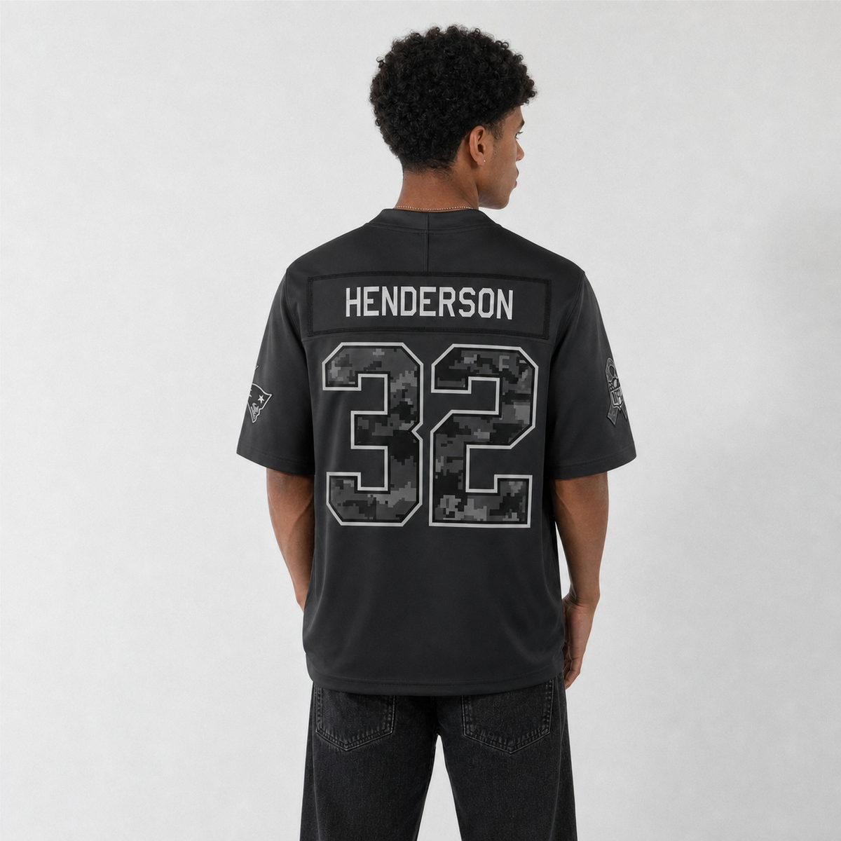 NE Black Football Jersey Henderson Number 32 Salute to Service