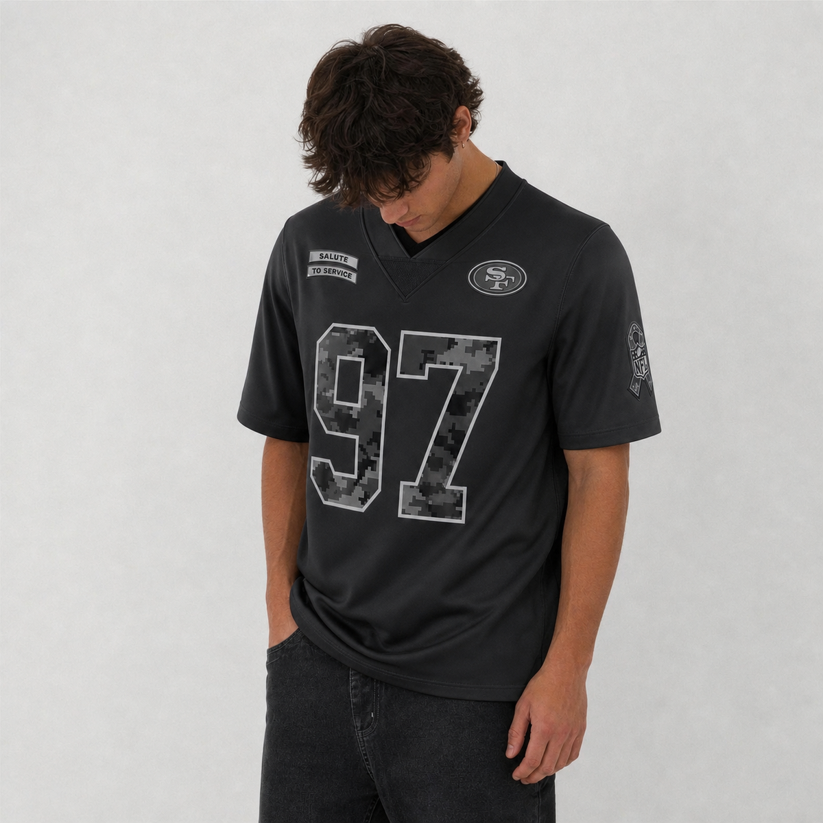 SF Black Football Jersey Bosa Number 97 Salute to Service