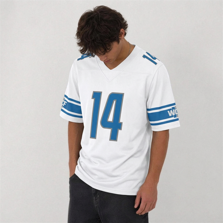 DET White Football Jersey Number 14 Custom Name and Number