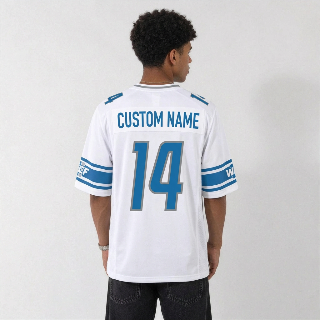 DET White Football Jersey Number 14 Custom Name and Number