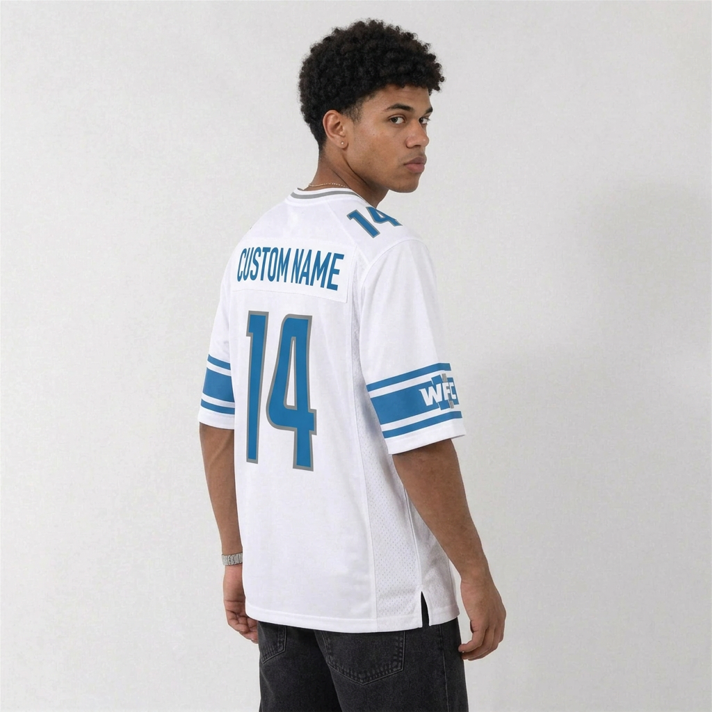 DET White Football Jersey Number 14 Custom Name and Number