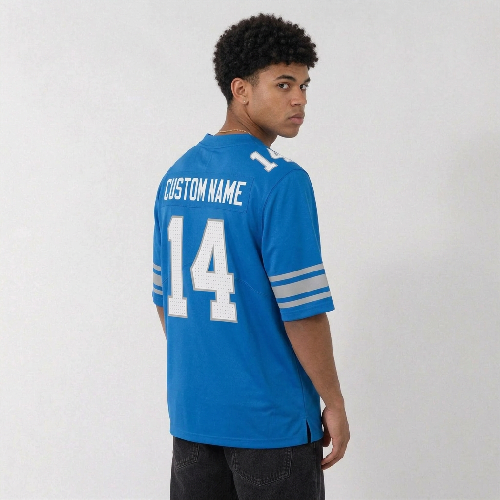 DET Blue Football Jersey Number 14 Custom Name and Number