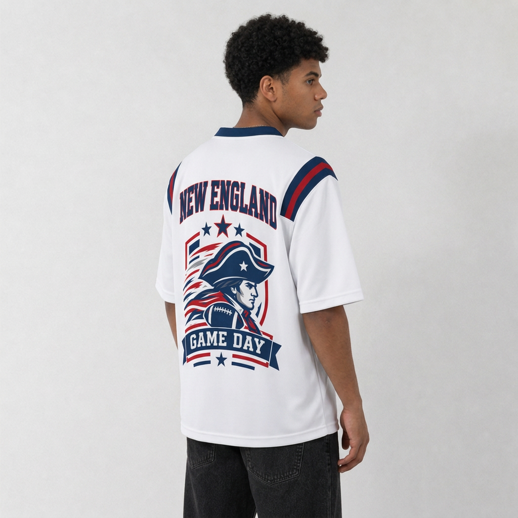 NE White Football Jersey New England Game Day Graphic Shirt