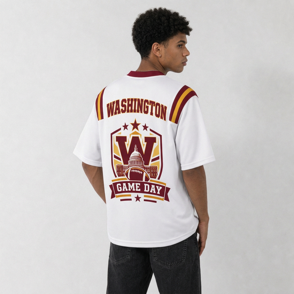 WAS White Football Jersey Washington Game Day Graphic Shirt