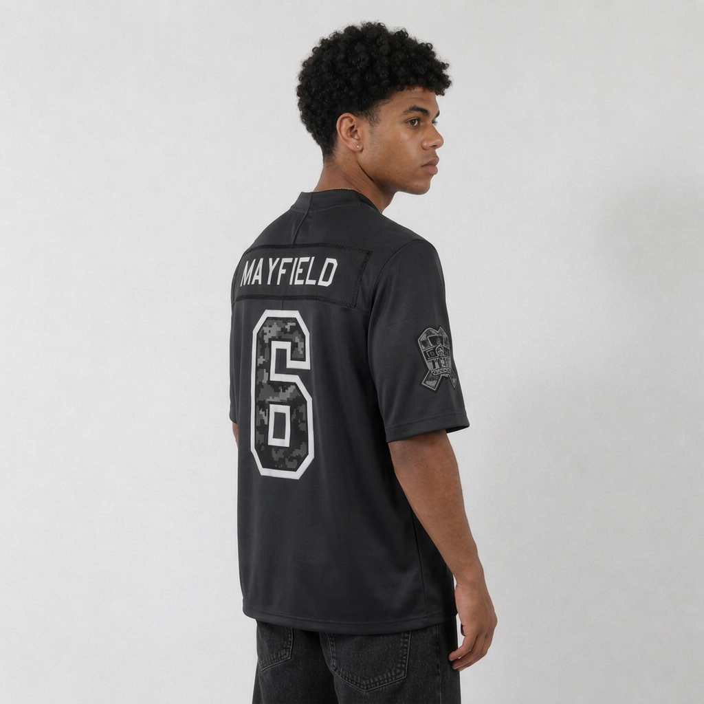 TB Black Football Jersey Mayfield Number 6 Salute Style Custom Name and Number