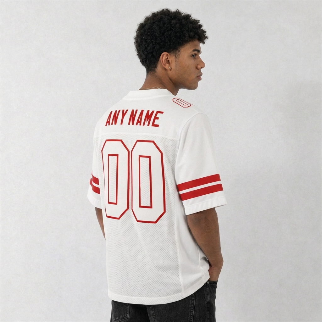 Custom White and Red Football Jersey – Personalized Team Name and Number