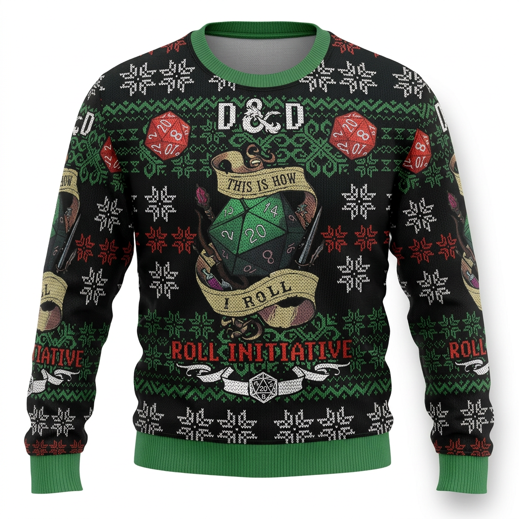 Dungeons & Dragons This Is How I Roll Christmas Ugly Sweater D&D Dice RPG Holiday Sweatshirt
