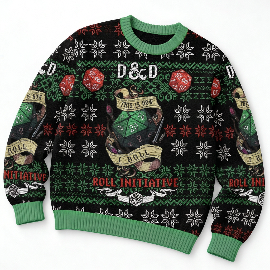 Dungeons & Dragons This Is How I Roll Christmas Ugly Sweater D&D Dice RPG Holiday Sweatshirt