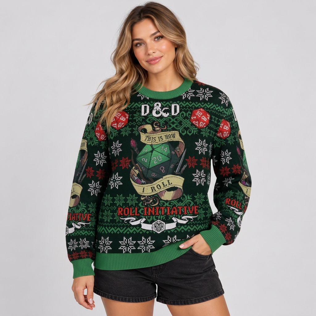 Dungeons & Dragons This Is How I Roll Christmas Ugly Sweater D&D Dice RPG Holiday Sweatshirt