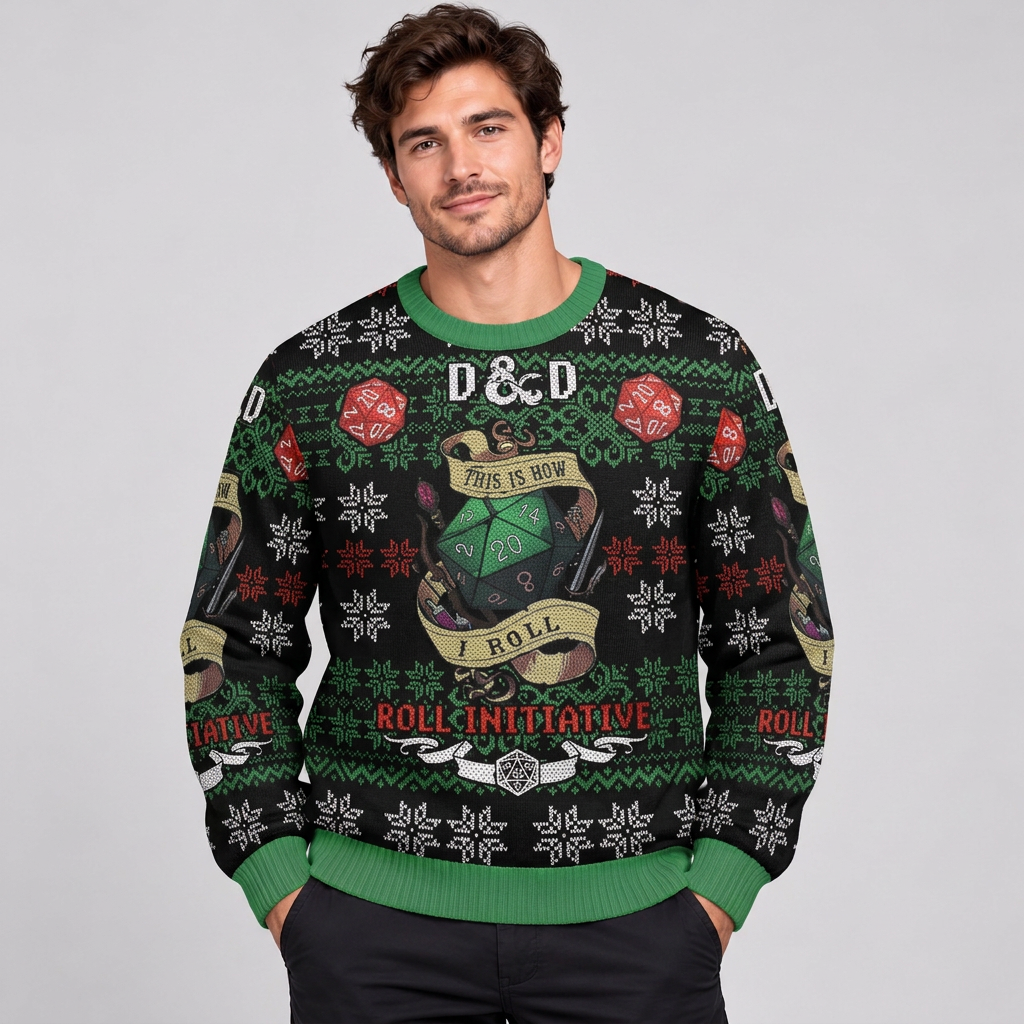 Dungeons & Dragons This Is How I Roll Christmas Ugly Sweater D&D Dice RPG Holiday Sweatshirt