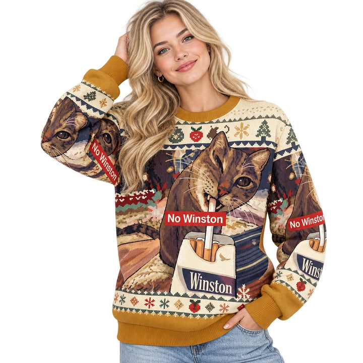 No Winston Cat Christmas Ugly Sweater Funny Smoking Cat Holiday Sweatshirt