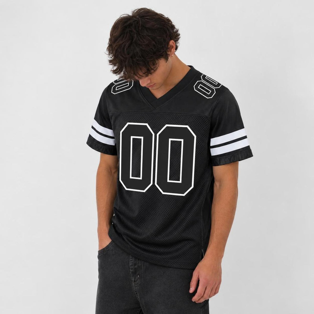 Custom Black Black-White Mesh Football Jersey - 3