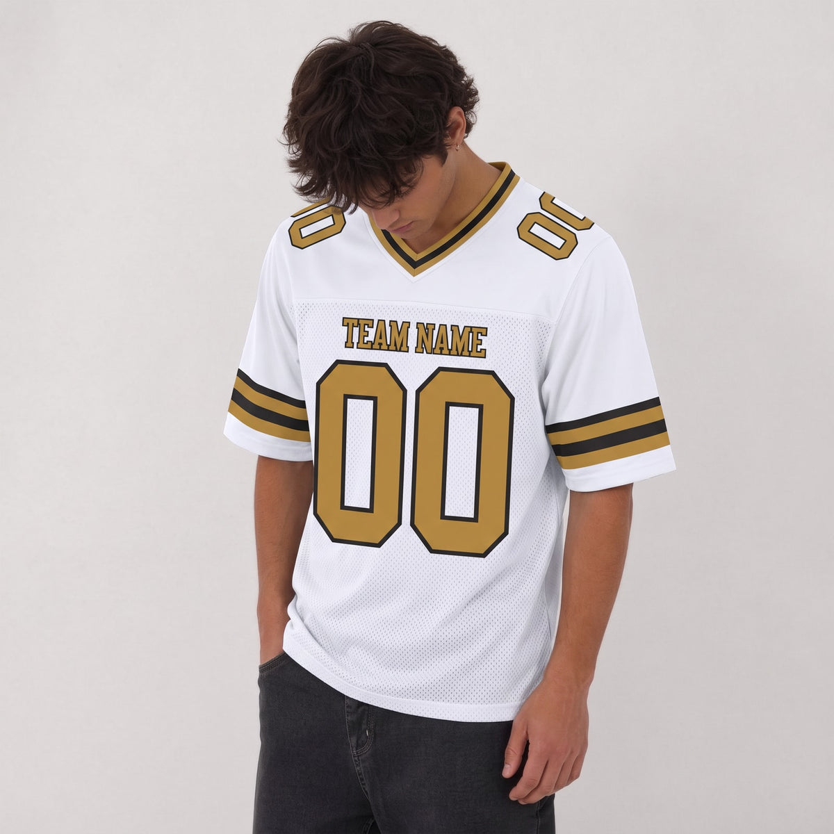 Custom White Old Gold-Black Mesh Football Jersey - 2