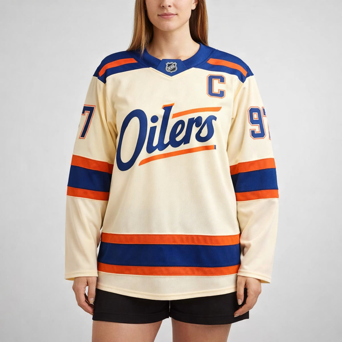 McDavid 97 Oilers Hockey Jersey Cream Blue Orange - 5