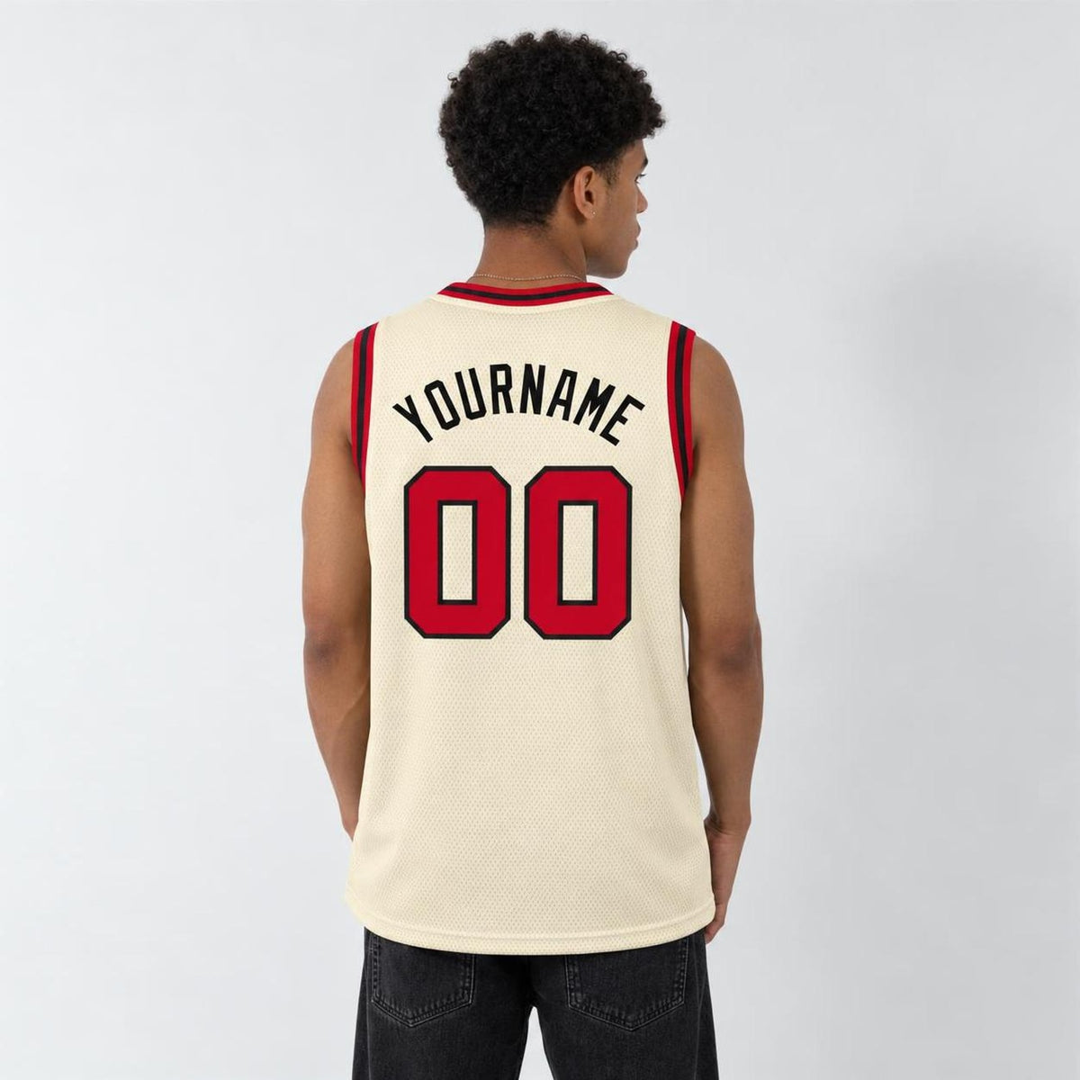 Custom Cream Red-Black Round Neck Rib-Knit Basketball Jersey - 3