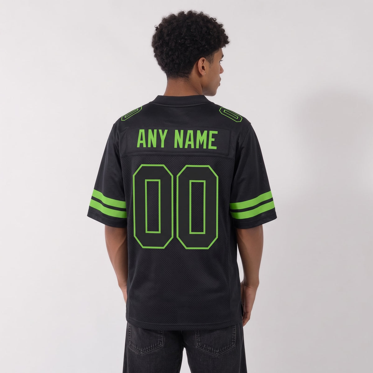 Custom Black Black-Neon Green Mesh Football Jersey - 3