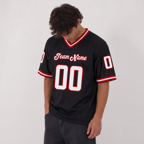 Custom Black White-Red Mesh Throwback Football Jersey - 2