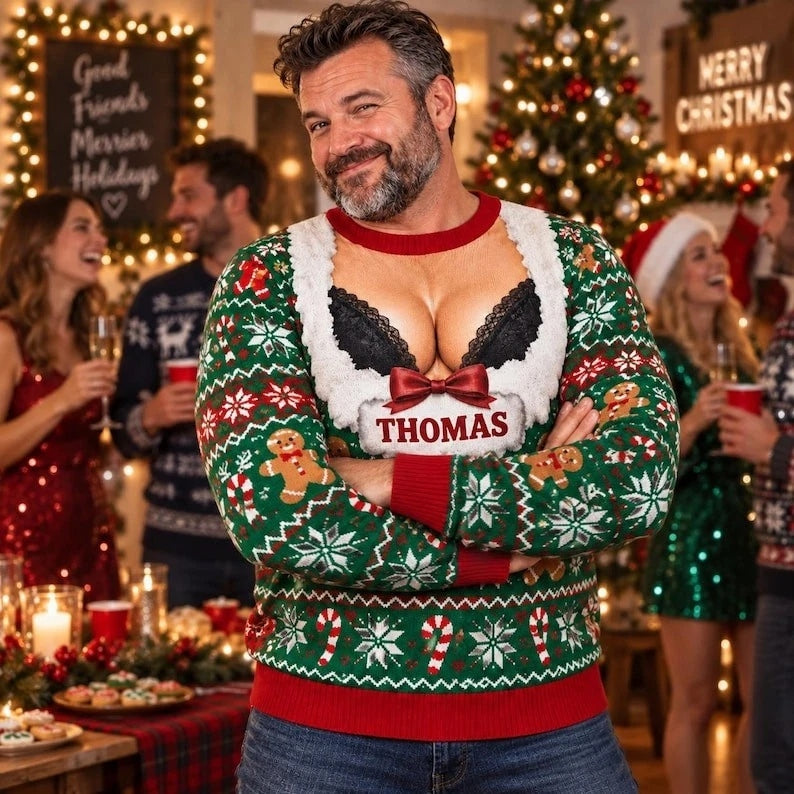 Funny Sexy Faux Cleavage Christmas Ugly Sweater Personalized Name Sweatshirt