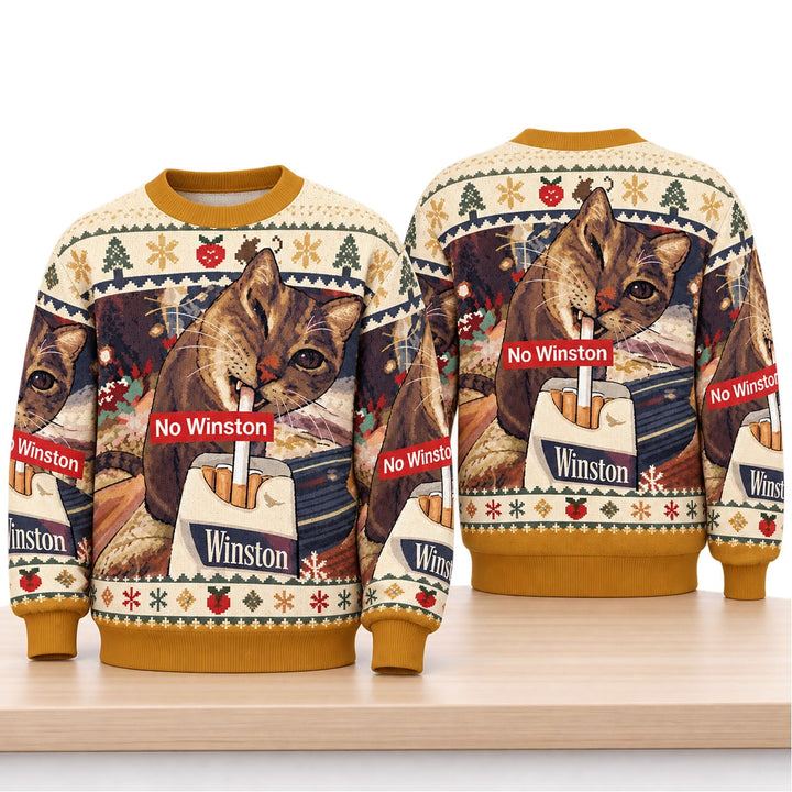 No Winston Cat Christmas Ugly Sweater Funny Smoking Cat Holiday Sweatshirt