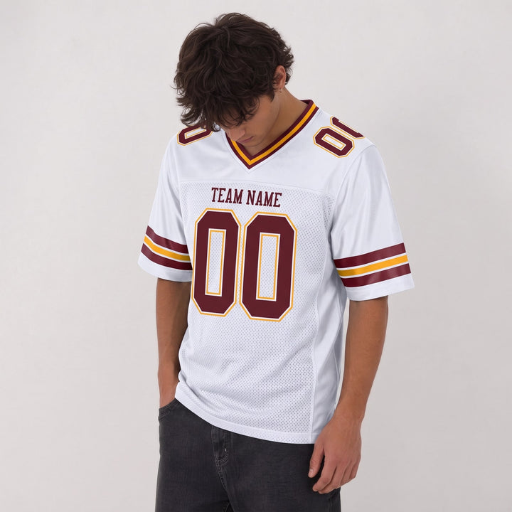Custom White Burgundy Gold Football Jersey – Personalized Team Name and Number