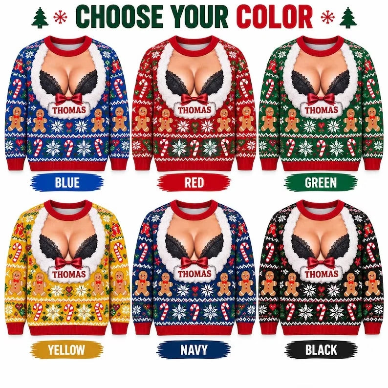 Funny Sexy Faux Cleavage Christmas Ugly Sweater Personalized Name Sweatshirt