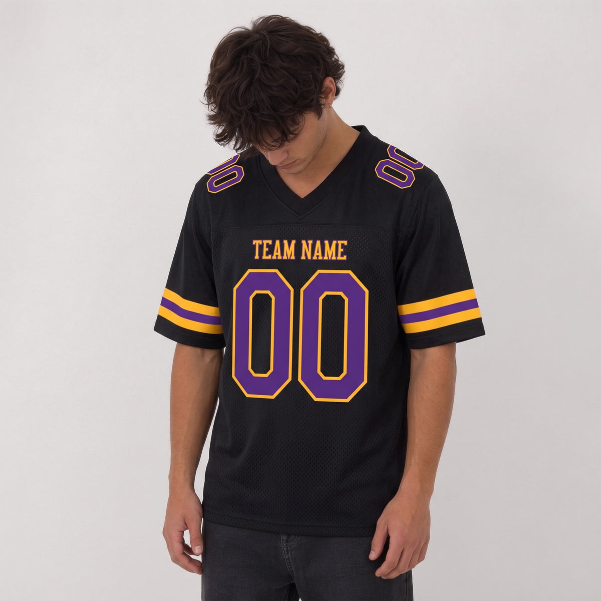 Custom Black Purple-Gold Mesh Football Jersey - 2