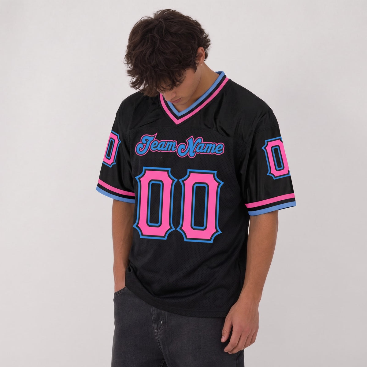 Custom Black Pink-Powder Blue Mesh Throwback Football Jersey - 2