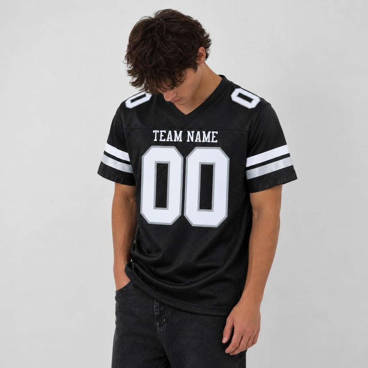 Custom Black White-Silver Mesh Football Jersey - 2
