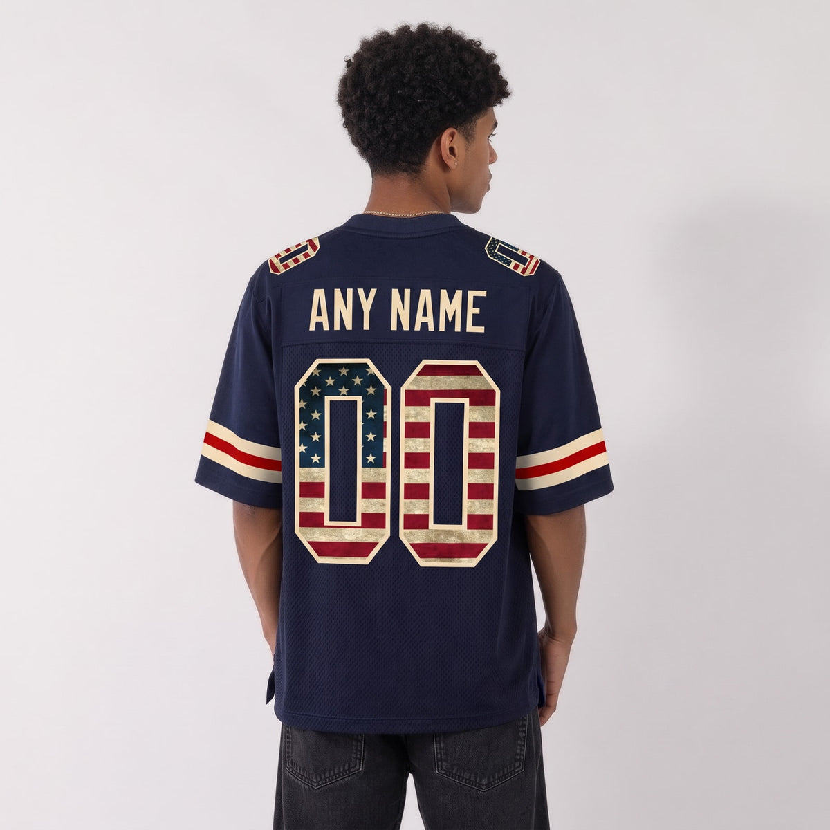 Custom Navy Vintage USA Flag-Cream Mesh Football Jersey - 3