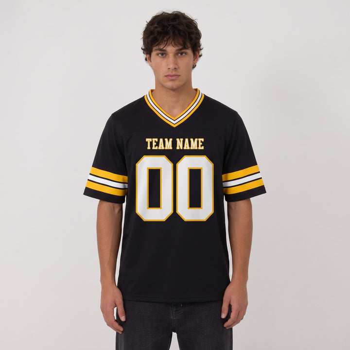 Custom Black Gold White Football Jersey – Personalized Team Name and Number