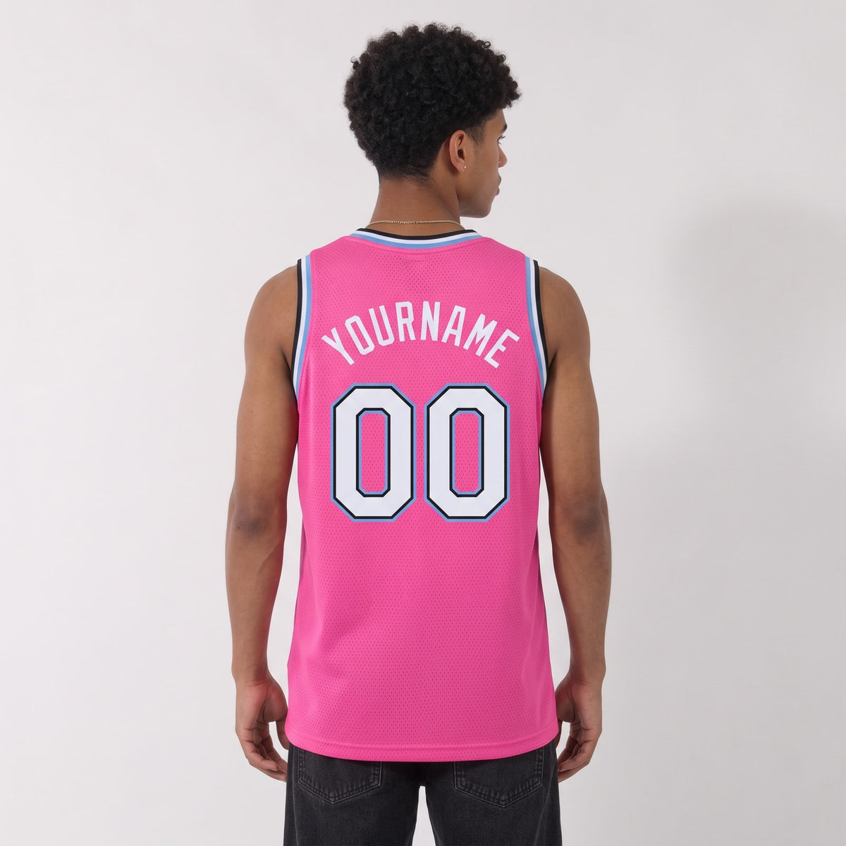 Custom Pink White-Light Blue Round Neck Rib-Knit Basketball Jersey - 3