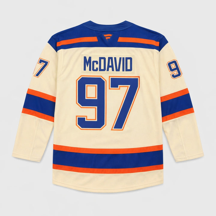 McDavid 97 Oilers Hockey Jersey Cream Blue Orange