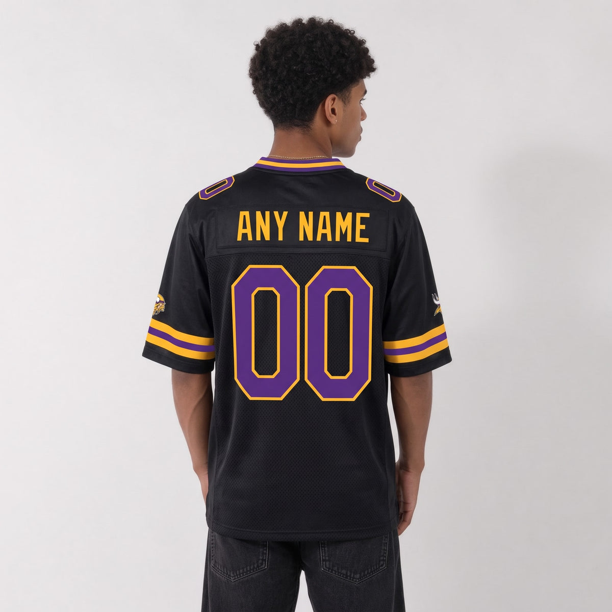 Custom Black Purple-Gold Mesh Football Jersey - 3