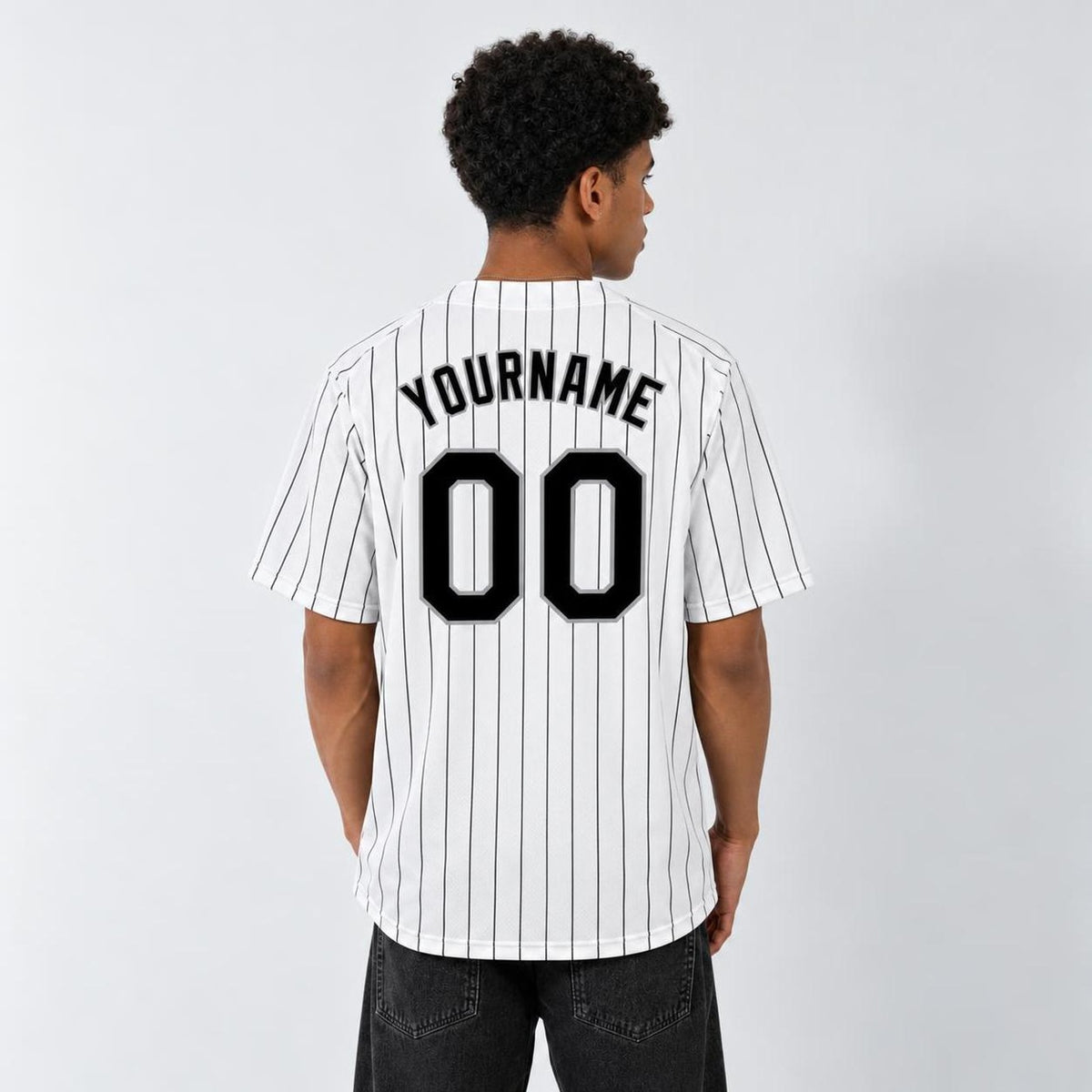 Custom White Black Pinstripe Black-Gray Baseball Jersey - 3