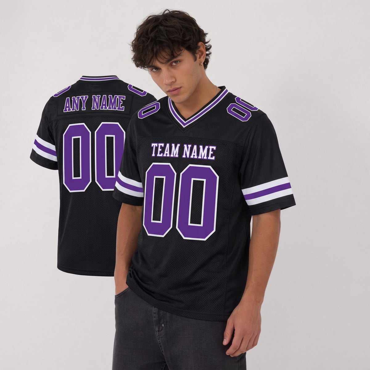 Custom Black Purple-White Mesh Football Jersey - 3