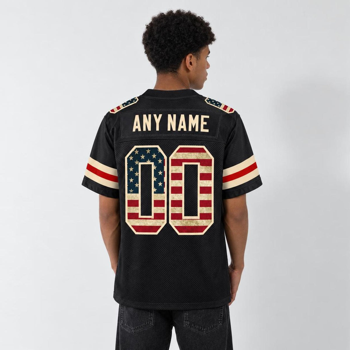 Custom Black Vintage USA Flag-Cream Mesh Football Jersey - 3