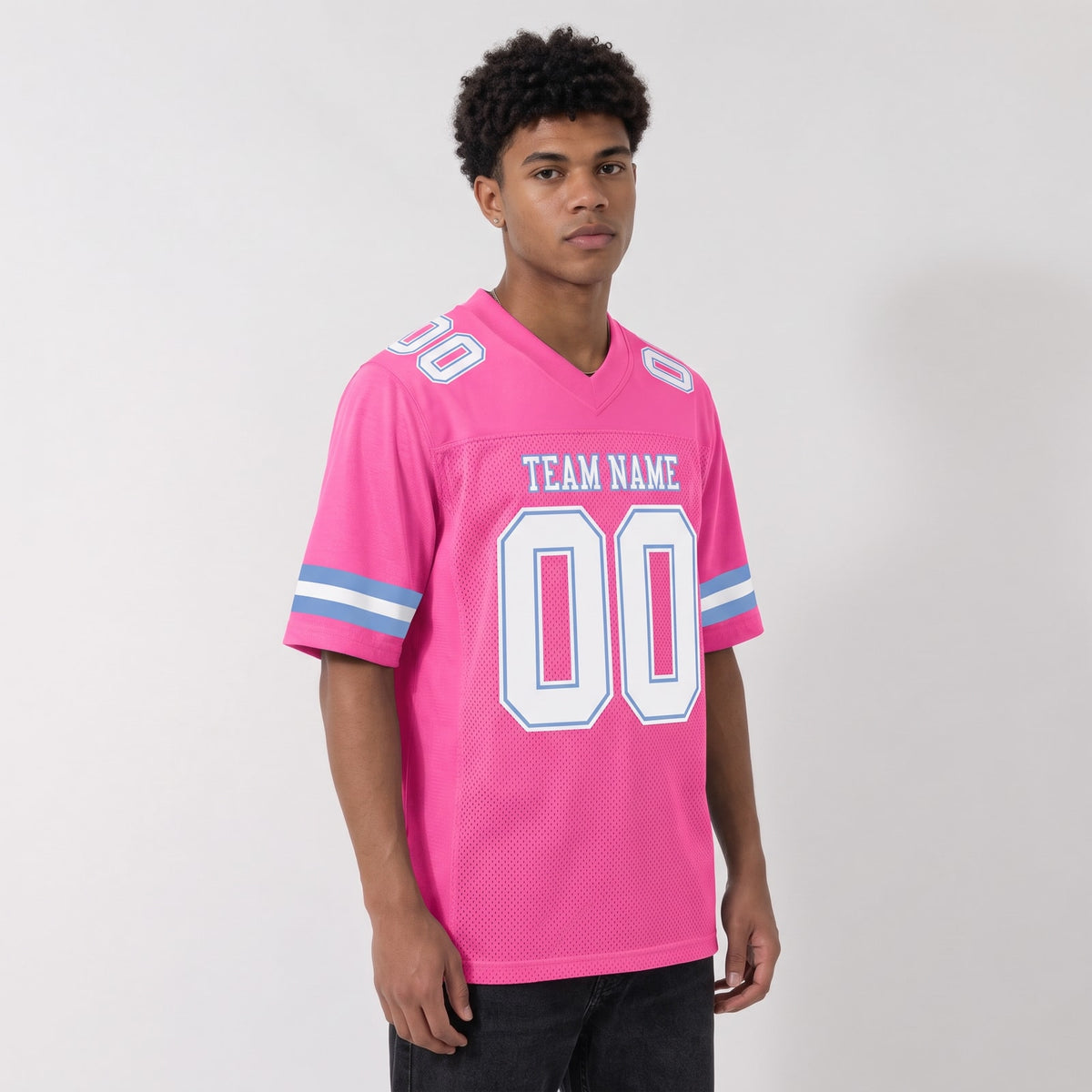 Custom Pink White-Light Blue Mesh Football Jersey - 3