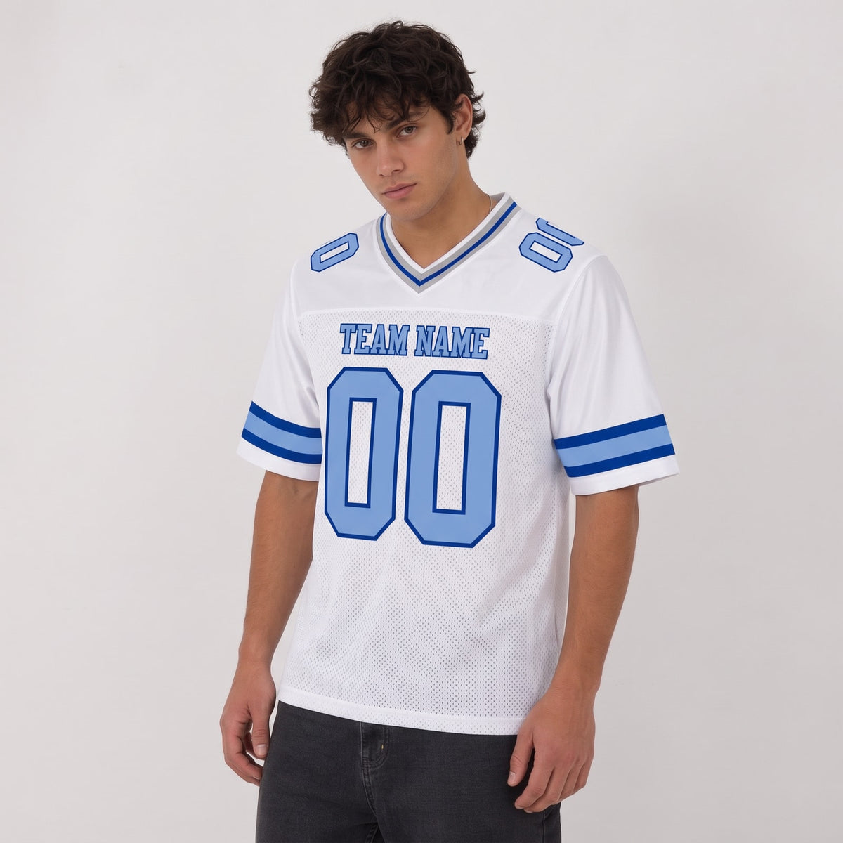 Custom White Light Blue-Royal Mesh Football Jersey - 3