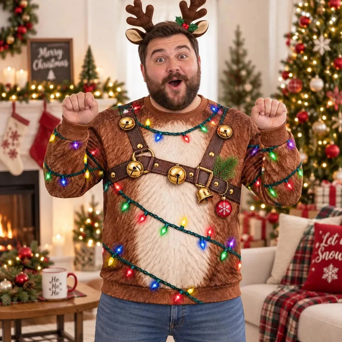 Funny Reindeer Costume Christmas Lights Ugly Sweater Sweatshirt