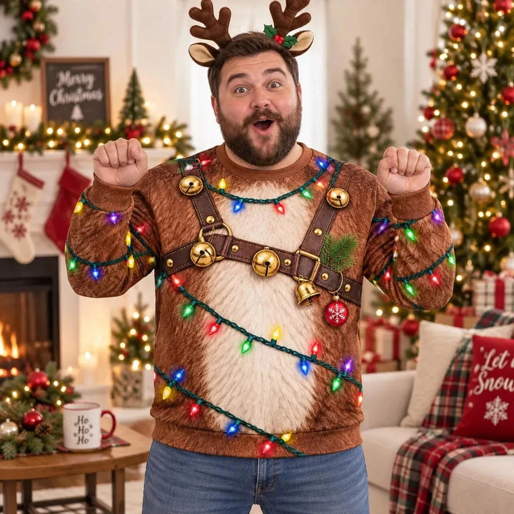 Funny Reindeer Costume Christmas Lights Ugly Sweater Sweatshirt