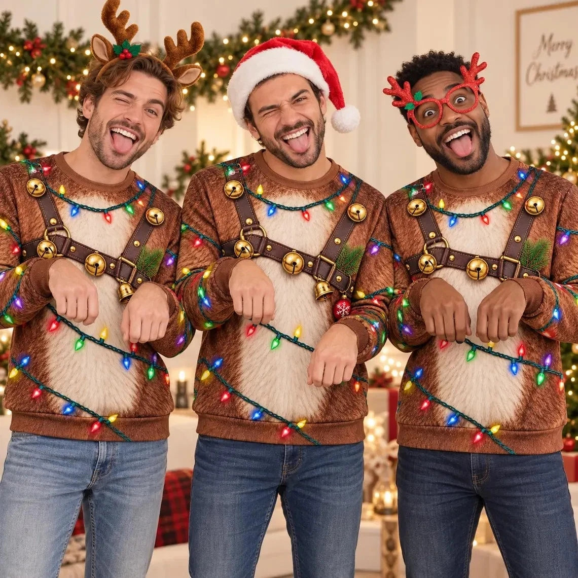 Funny Reindeer Costume Christmas Lights Ugly Sweater Sweatshirt