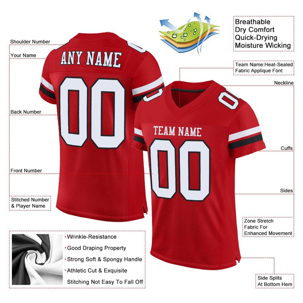 Custom Red White-Black Mesh Football Jersey - 3