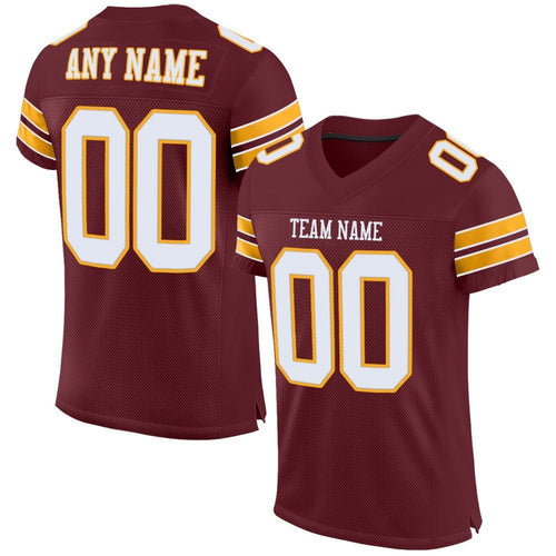 Custom Burgundy White-Gold Mesh Football Jersey - 1