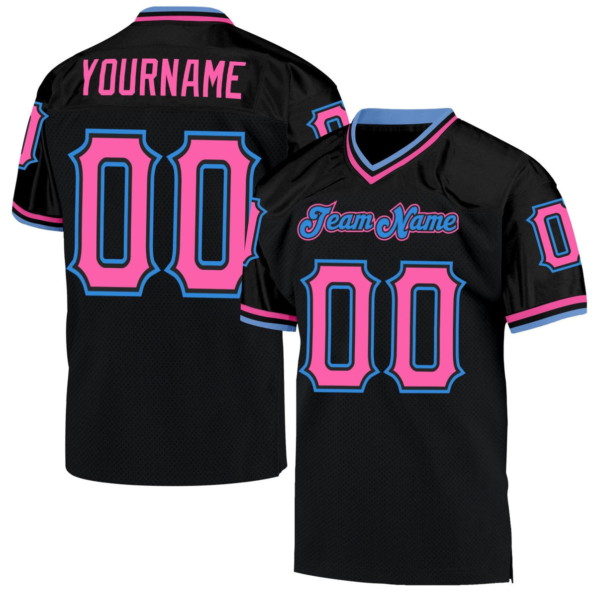 Custom Black Pink-Powder Blue Mesh Throwback Football Jersey - 1