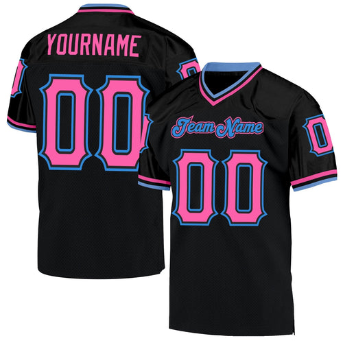 Custom Black Pink-Powder Blue Mesh Throwback Football Jersey - 1
