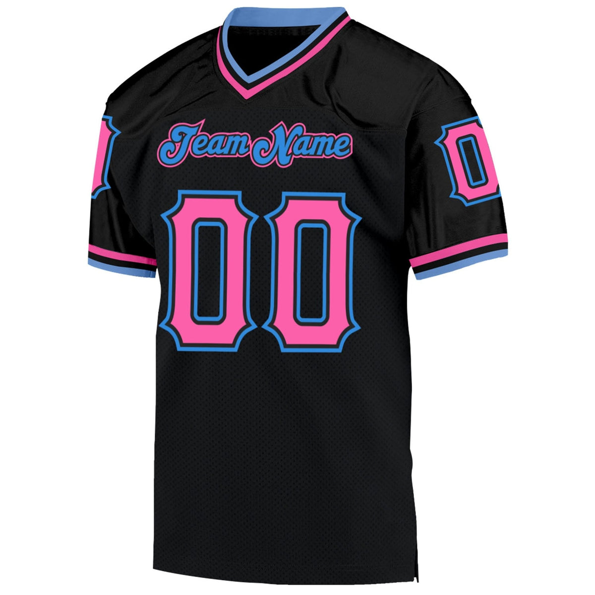 Custom Black Pink-Powder Blue Mesh Throwback Football Jersey - 4