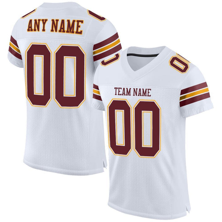 Custom White Burgundy Gold Football Jersey – Personalized Team Name and Number
